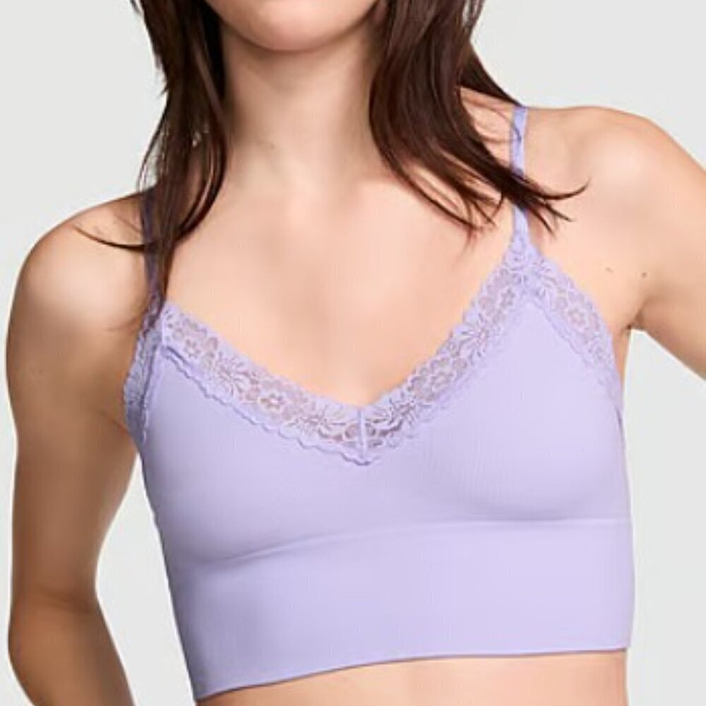 PINK - Seamless Rib Longline Bralette & High-Leg Thong Panty Set Purple L - NWT - Picture 2 of 7